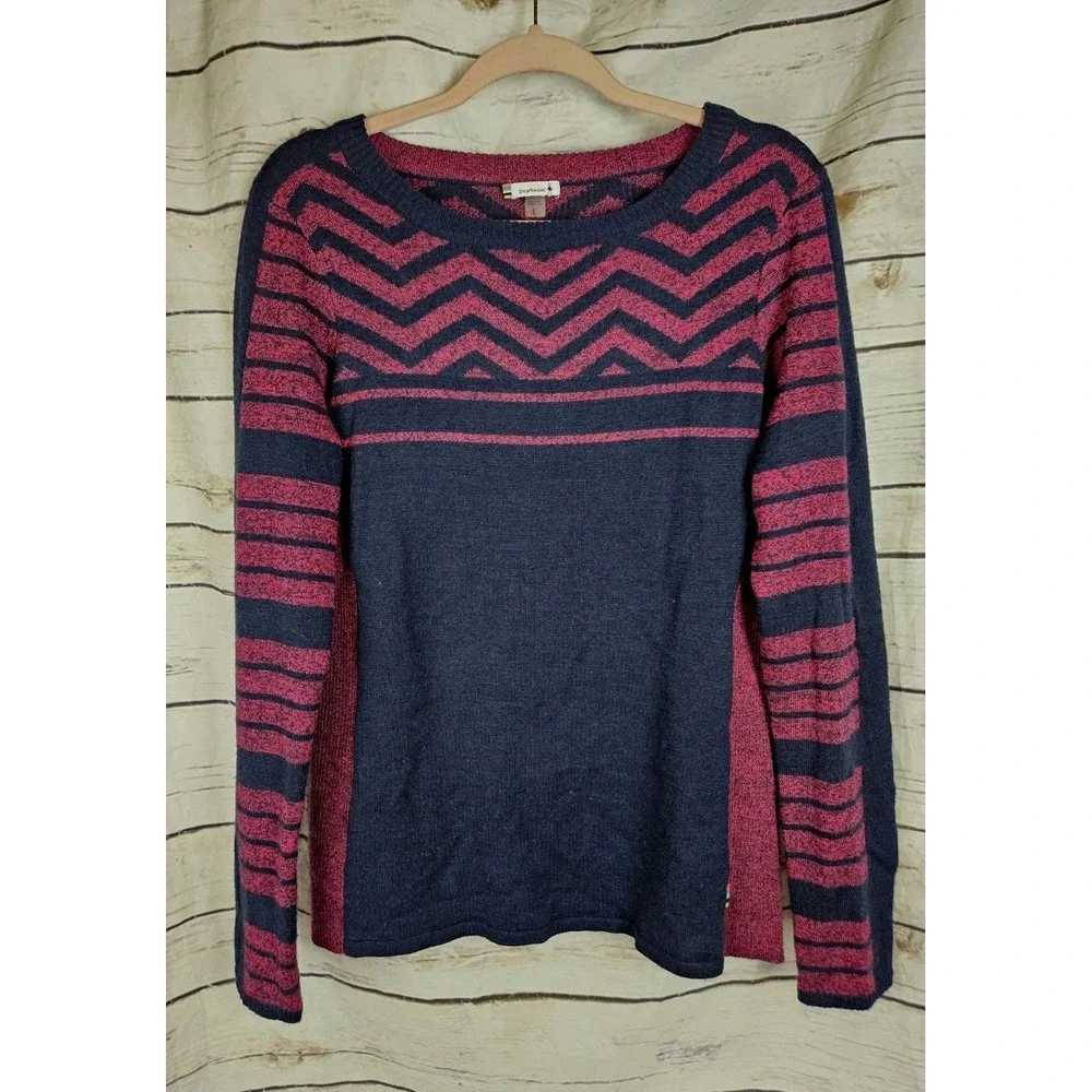 Smartwool Merino Wool Blend Pullover Sweater Womens L Navy Pink Chevron Print